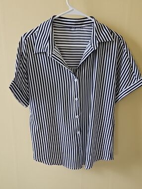 Navy and White Vertical Stripe Button-Up Shirt